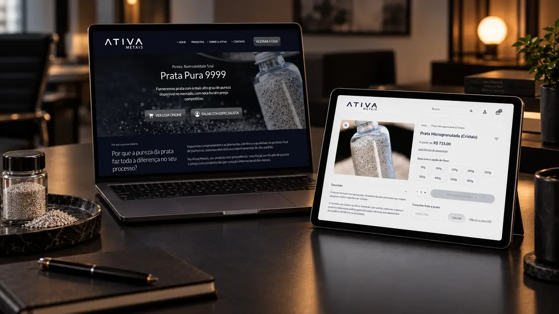 Notebook com o site da Ativa Metais e tablete com a página de produto da loja virtual