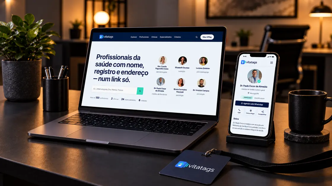 Notebook com o portal VitaTags, celular com o perfil de um profissional e crachá com a marca