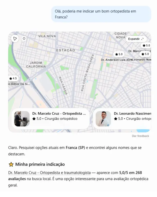 Resposta do ChatGPT indicando o Dr. Marcelo Cruz como primeira indicação de ortopedista em Franca