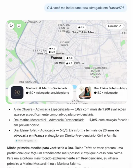 Resposta do ChatGPT à pergunta "Olá, você me indica uma boa advogada em Franca/SP?", indicando Dra. Elaine Tofeti