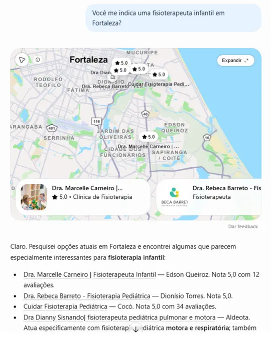 Resposta do ChatGPT à pergunta "Você me indica uma fisioterapeuta infantil em Fortaleza?", indicando Dra. Marcelle Carneiro