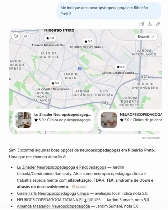 Resposta do ChatGPT à pergunta "Me indique uma neuropsicopedagoga em Ribeirão Preto?", indicando Lu Zinader